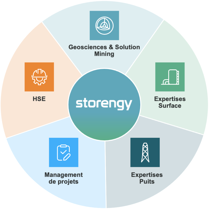 Schéma circulaire des expertises de Storengy : géosciences et solution mining, expertises surface, expertises puits, management de projets et HSE
