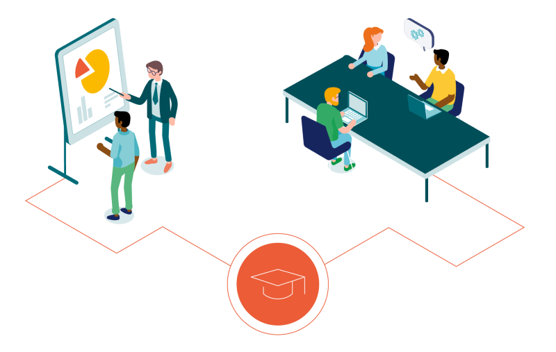 Illustration de l’approche pédagogique avec présentation, échange en groupe et formation professionnelle